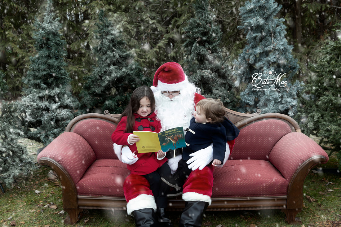 Outdoor Christmas Santa reading book red couch