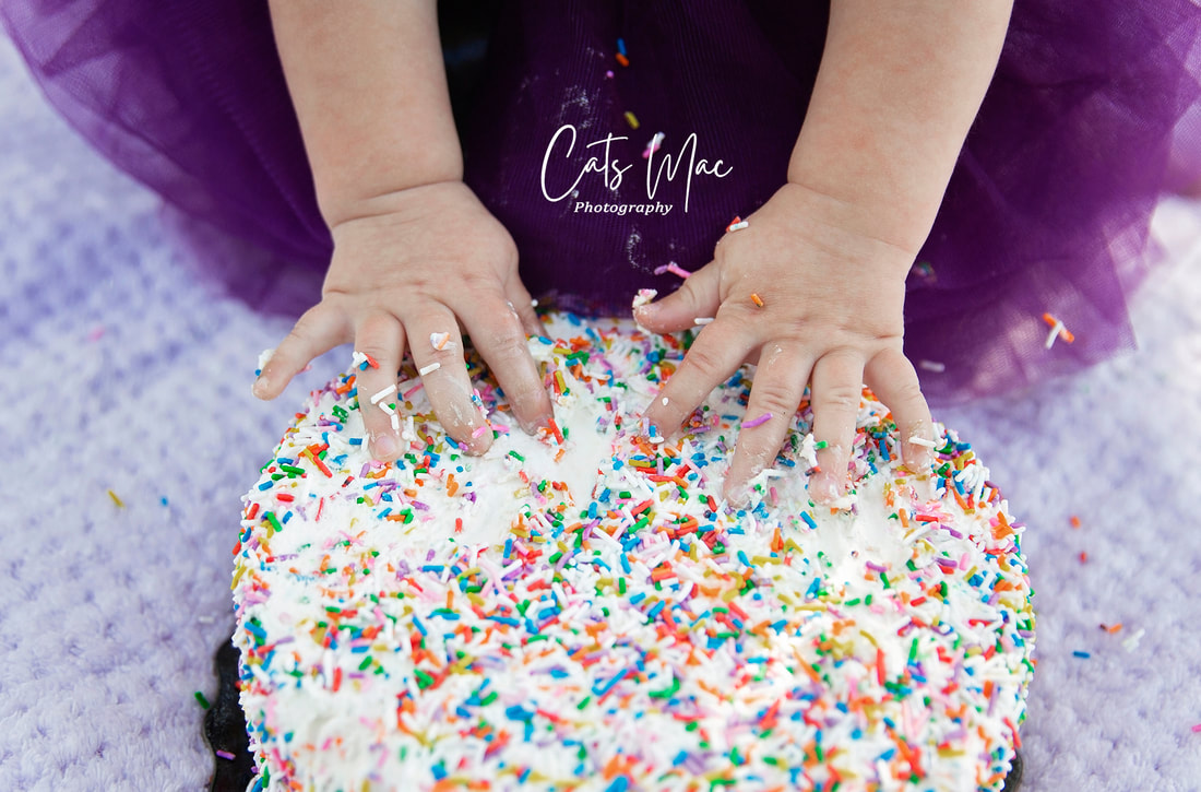 Upclose photo of baby's hands reaching into her birthday cake smash photo session 