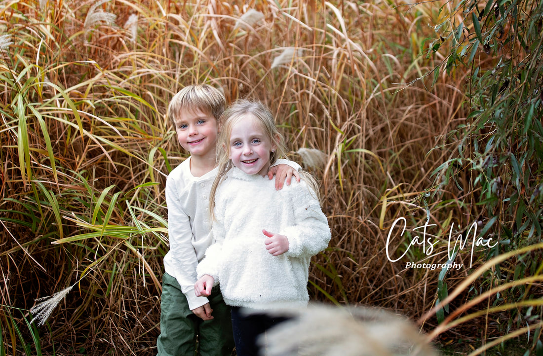 Twin brother and sister boy and girl standing in front of fall grass