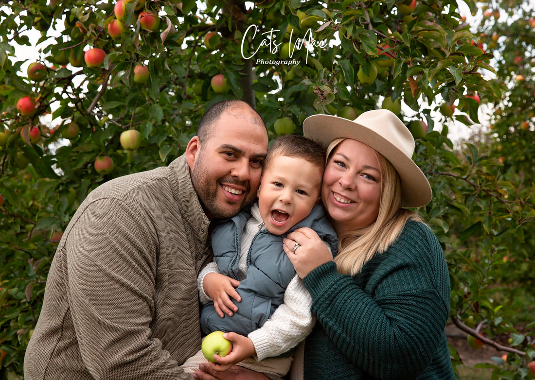 Dad, Mom and little boy with cheeks together in front of apple tree