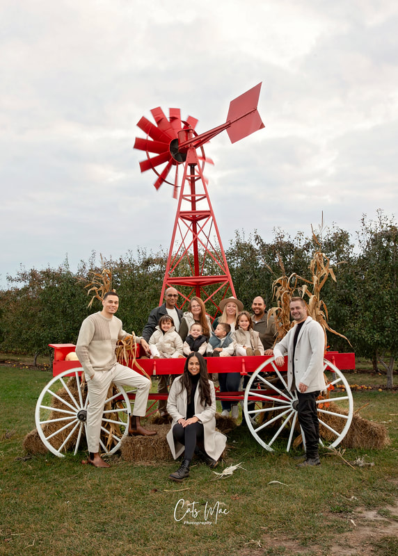 Large family photography session apple orchard sitting in apple cart windmill behind