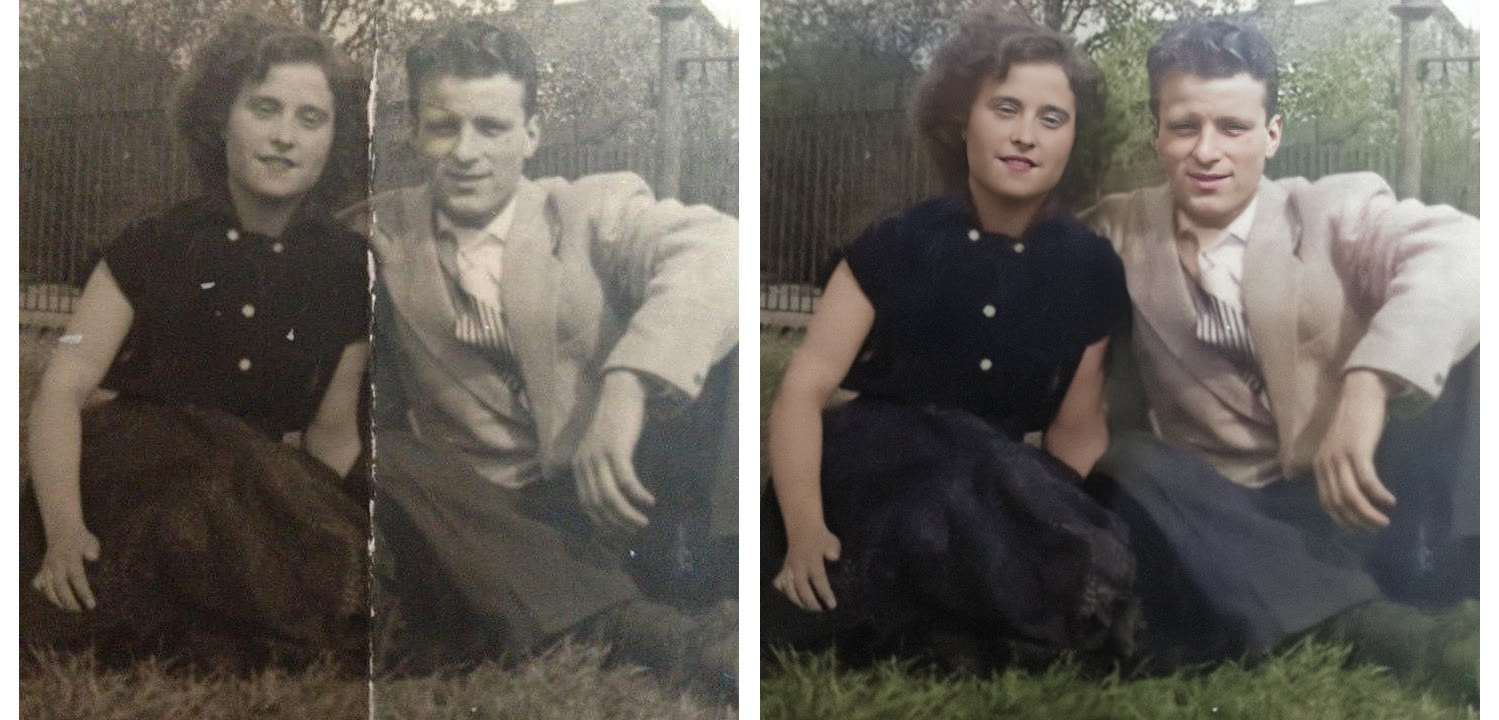 Before and after of a restored and repaired photo