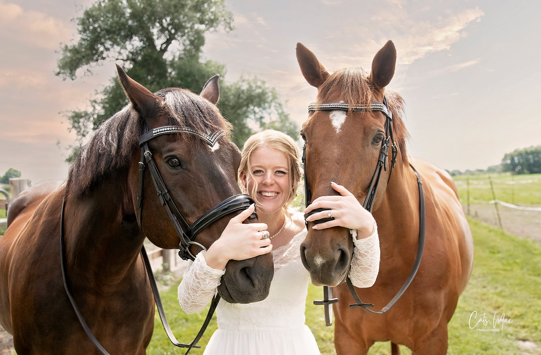 bride in wedding gown standing between two horses hugging their noses