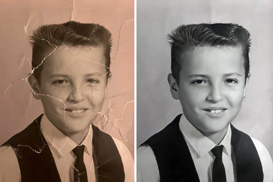 Restored repaired photograph of a vintage school photo of a boy